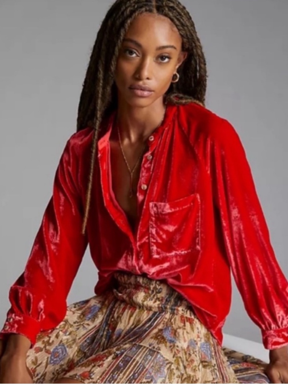 Pilcro Anthropolgie Mara Red Velvet Button Down Blouse Size Small